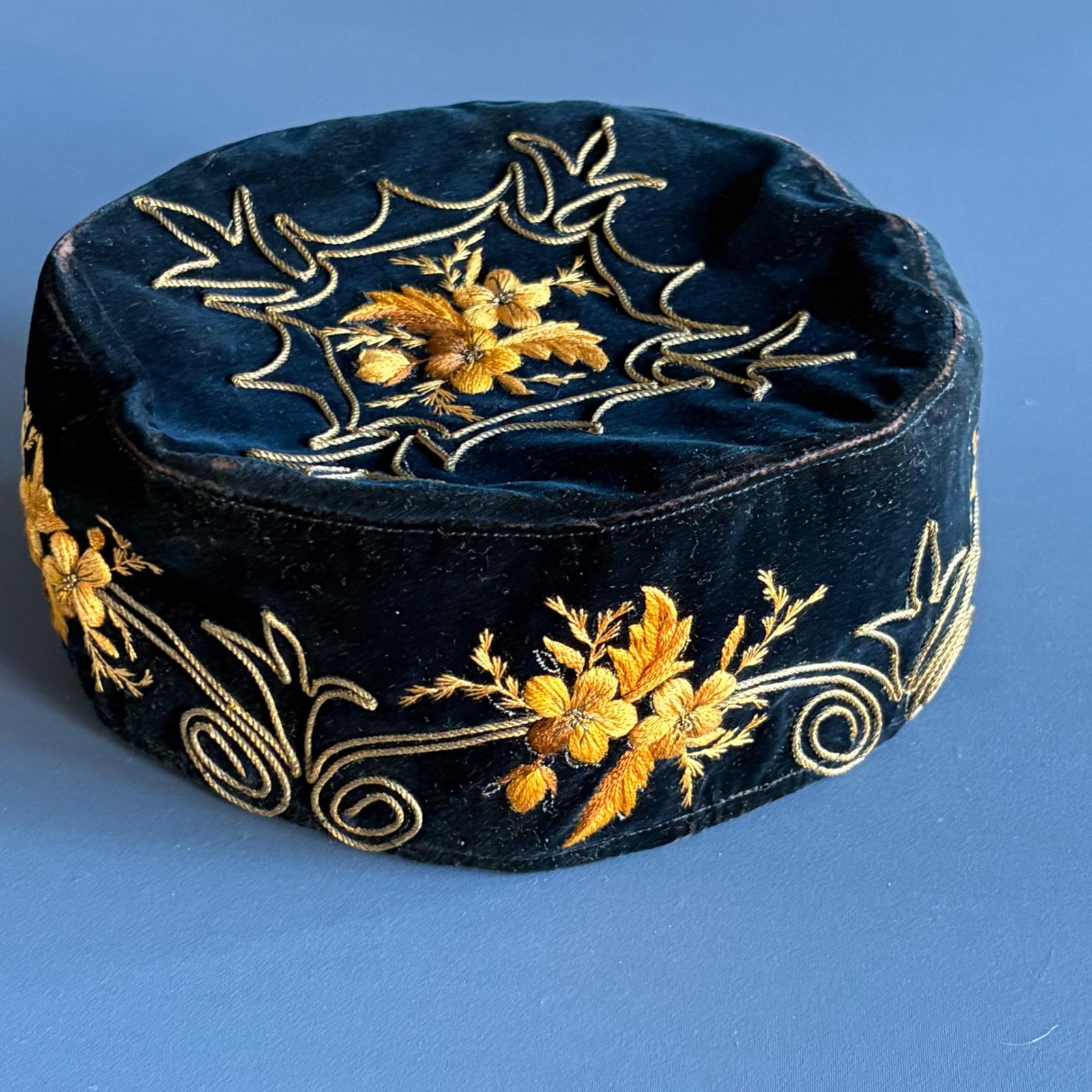 Antique Victorian Silk Velvet Smoking Cap | Size 22 | Bullion Embroidery Fez